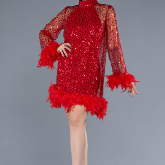 Kırmızı Halter Yaka Otrişli Uzun Kol Kısa Pullu Davet Elbisesi ABK2202