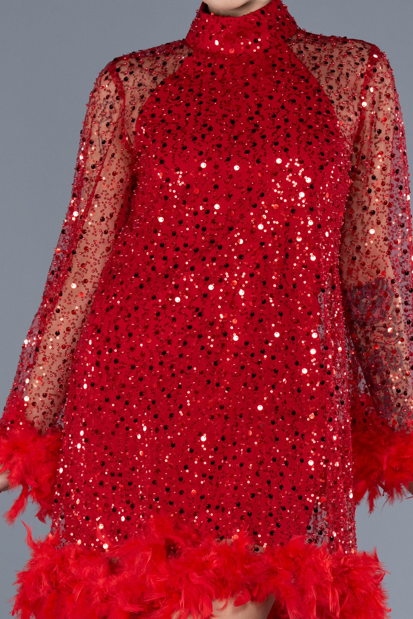 Kırmızı Halter Yaka Otrişli Uzun Kol Kısa Pullu Davet Elbisesi ABK2202 - Görsel 3