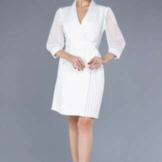 Ekru Kapri Kol Kruvaze Yaka Kısa Davet Elbisesi ABK1840