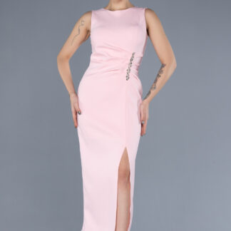 Pudra Kolsuz Yırtmaçlı Midi Davet Elbisesi ABK2169