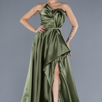 Haki Straplez Bacak Dekolteli Uzun Saten Abiye ABU4561