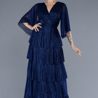 Saks Mavi Kısa Kol Eteği Katlı Uzun Simli Abiye ABU4552