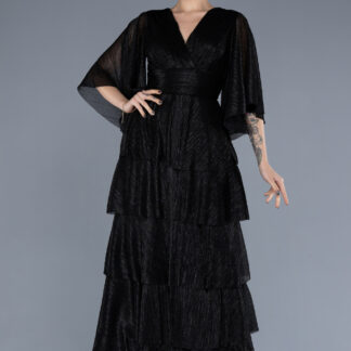 Siyah Kısa Kol Eteği Katlı Uzun Simli Abiye ABU4552