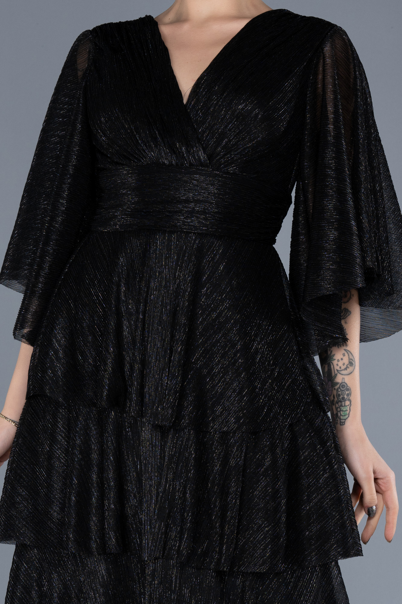 Siyah Kısa Kol Eteği Katlı Uzun Simli Abiye ABU4552 - Görsel 3