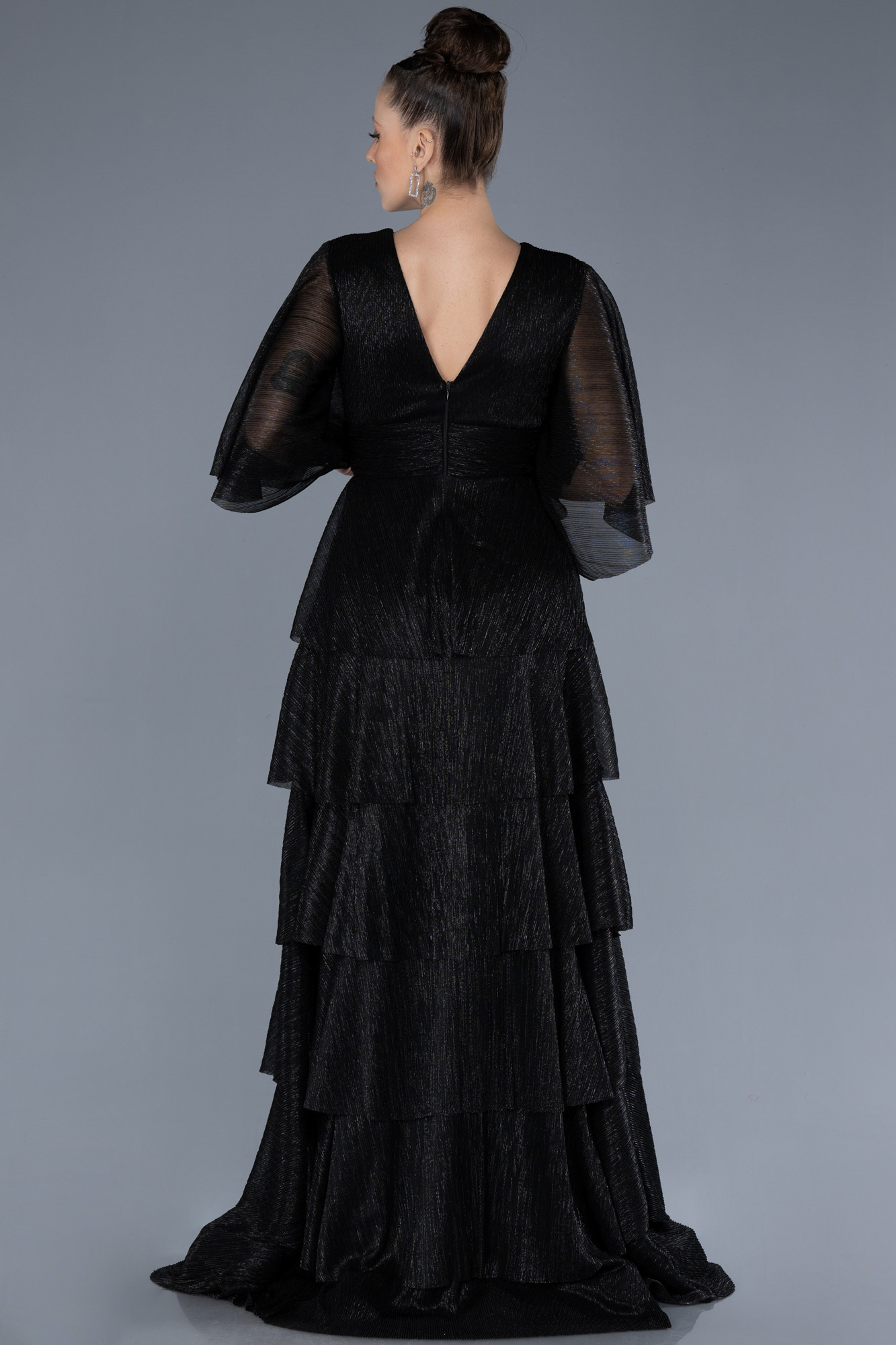 Siyah Kısa Kol Eteği Katlı Uzun Simli Abiye ABU4552 - Görsel 2