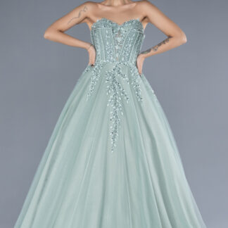 Mint Taşlı Straplez Uzun Prenses Nişan Elbisesi ABU4550