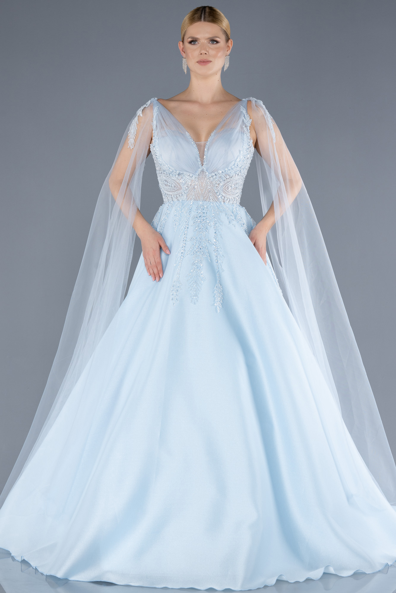 Mavi Pelerin Kol Taşlı Uzun Prenses Model Nişanlık ABU4432