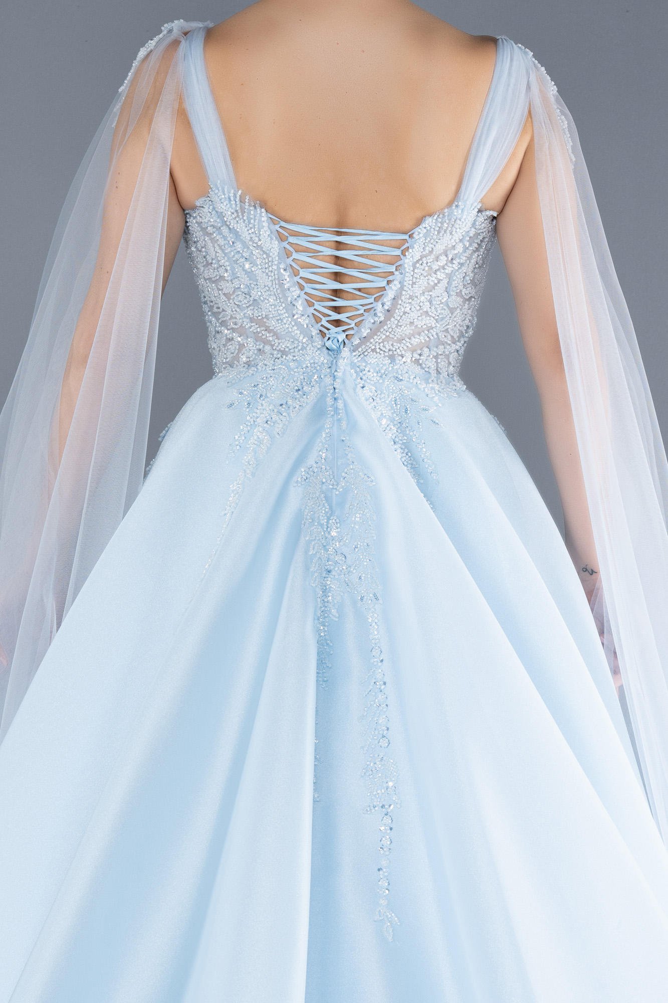 Mavi Pelerin Kol Taşlı Uzun Prenses Model Nişanlık ABU4432 - Görsel 4