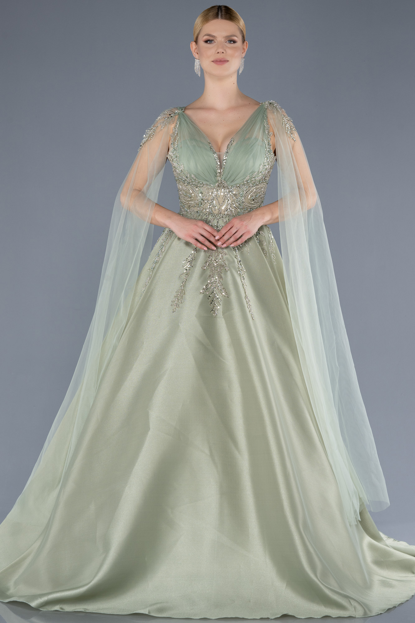 Mint Pelerin Kol Taşlı Uzun Prenses Model Nişanlık ABU4432