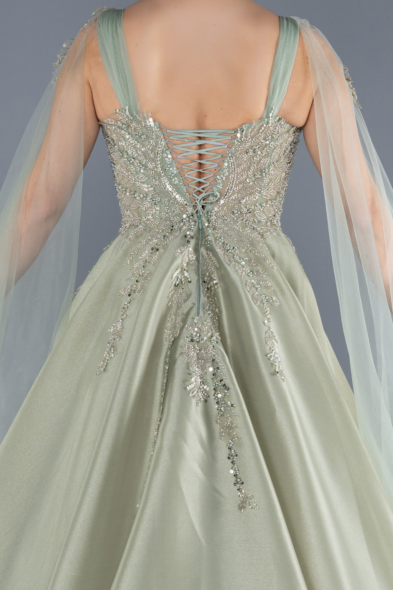 Mint Pelerin Kol Taşlı Uzun Prenses Model Nişanlık ABU4432 - Görsel 4