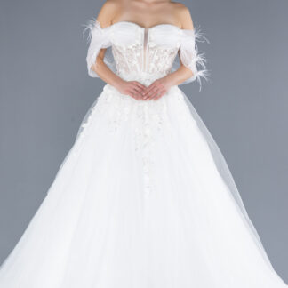 Ekru Otrişli Kayık Yaka İşlemeli Uzun Büyük Beden Gelinlik ABG102