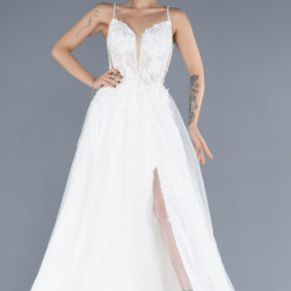 Ekru Askılı Taş İşlemeli Bacak Dekolteli Uzun Gelinlik ABG098