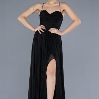 Siyah Bacak Dekolteli Balenli Uzun Simli Mezuniyet Elbisesi ABU4596