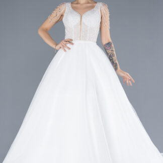 Ekru Üstü Taşlı Uzun Simli Büyük Beden Prenses Gelinlik ABG089