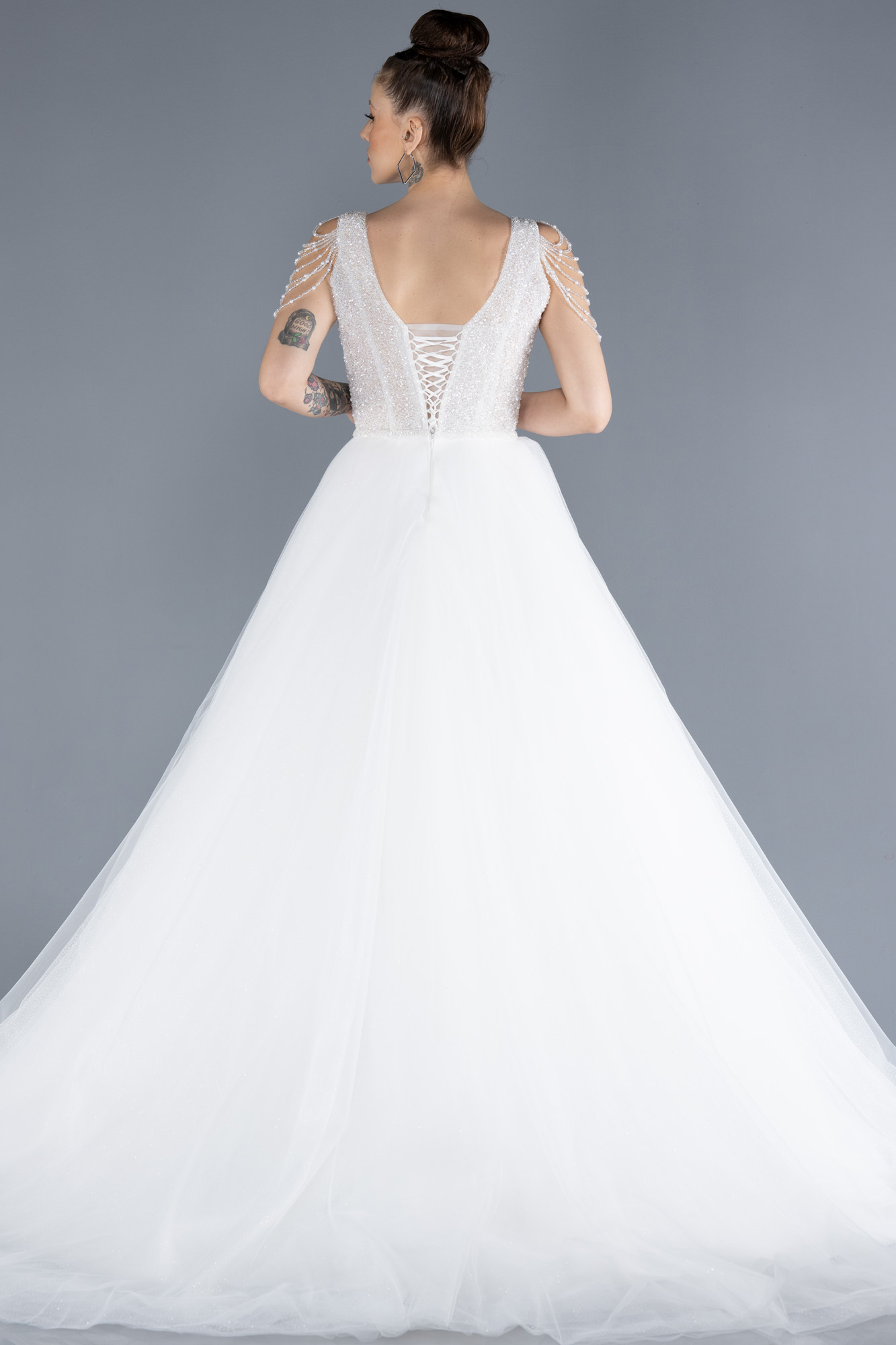 Ekru Üstü Taşlı Uzun Simli Büyük Beden Prenses Gelinlik ABG089 - Görsel 2