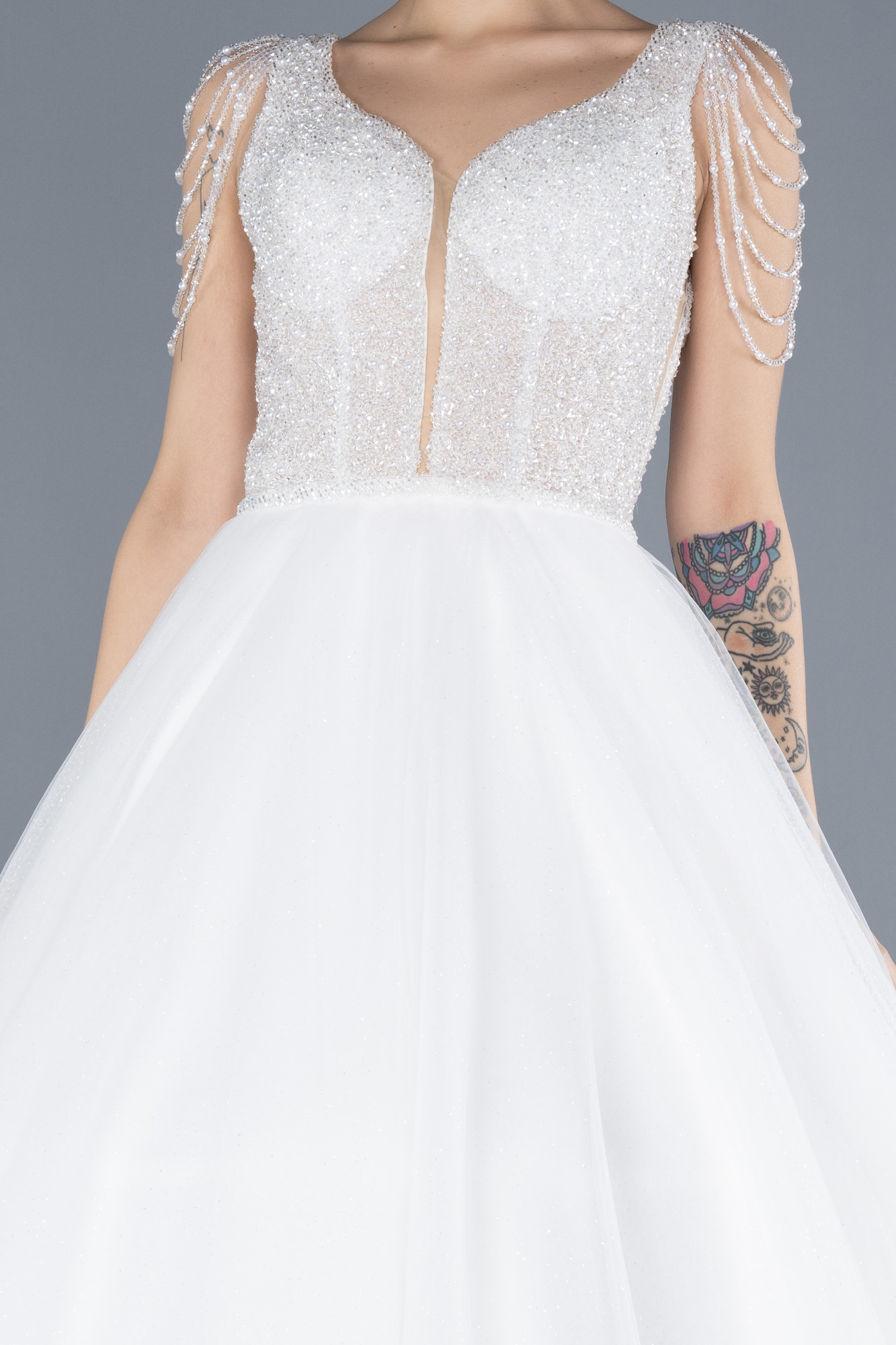 Ekru Üstü Taşlı Uzun Simli Büyük Beden Prenses Gelinlik ABG089 - Görsel 3