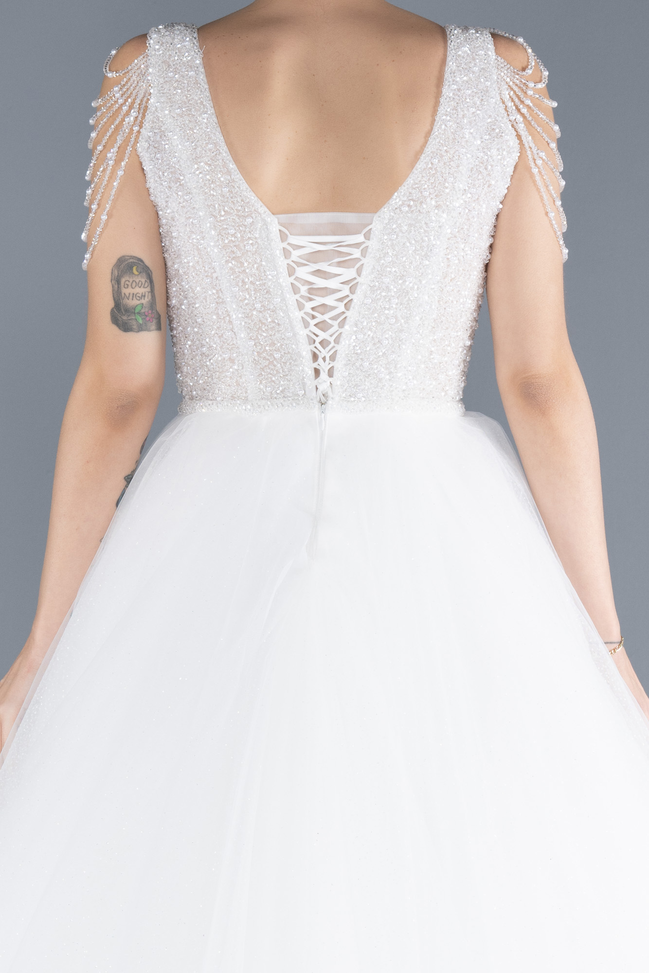 Ekru Üstü Taşlı Uzun Simli Büyük Beden Prenses Gelinlik ABG089 - Görsel 4