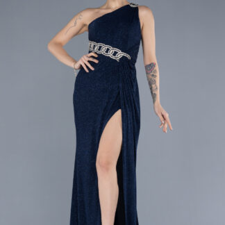 Lacivert Tek Omuz Yırtmaçlı Uzun Simli Abiye Elbise ABU4599