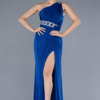 Saks Mavi Tek Omuz Bacak Dekolteli Uzun Simli Abiye ABU4599