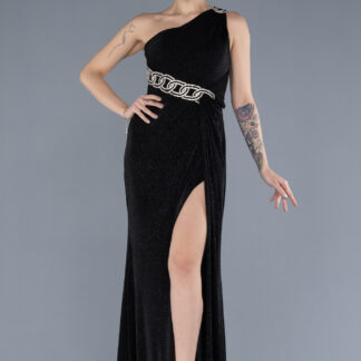 Siyah Tek Omuz Bacak Dekolteli Uzun Simli Abiye Elbise ABU4599