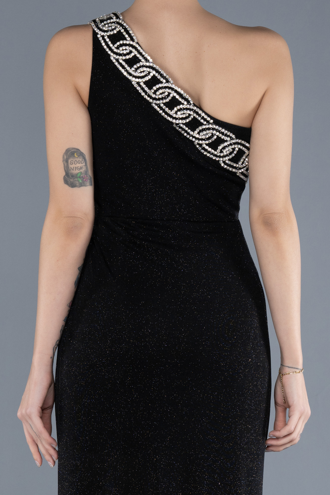 Siyah Tek Omuz Bacak Dekolteli Uzun Simli Abiye Elbise ABU4599 - Görsel 4