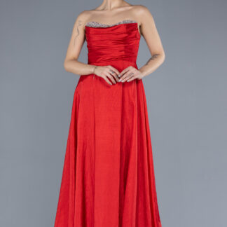 Kırmızı Taşlı Straplez Yaka Uzun Tafta Abiye Elbise ABU4579