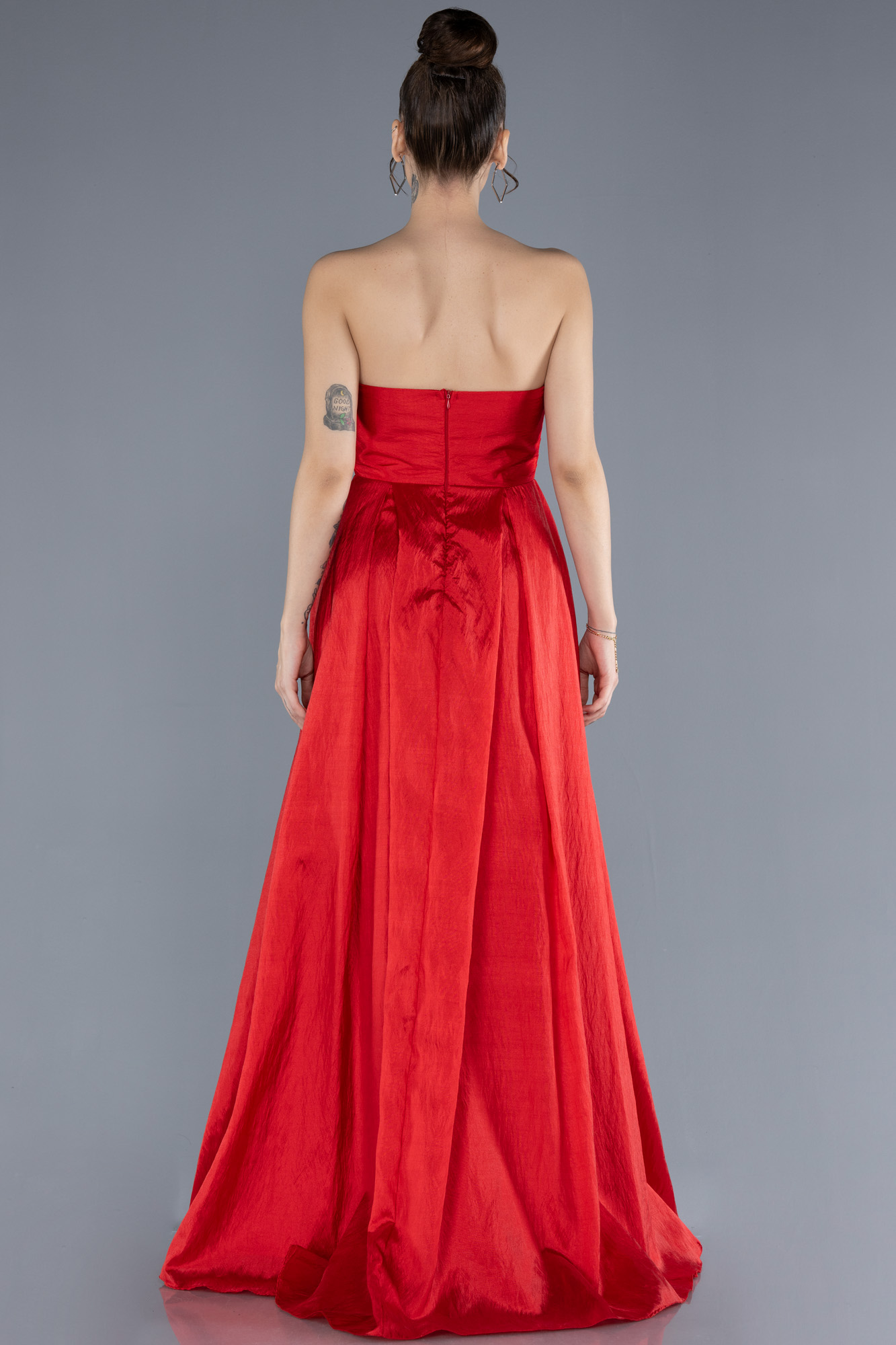 Kırmızı Taşlı Straplez Yaka Uzun Tafta Abiye Elbise ABU4579 - Görsel 2