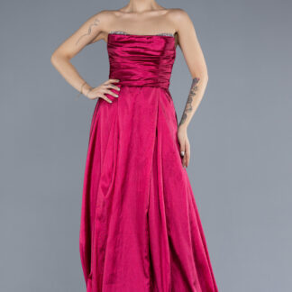 Mürdüm Taşlı Straplez Yaka Uzun Tafta Abiye Elbise ABU4579