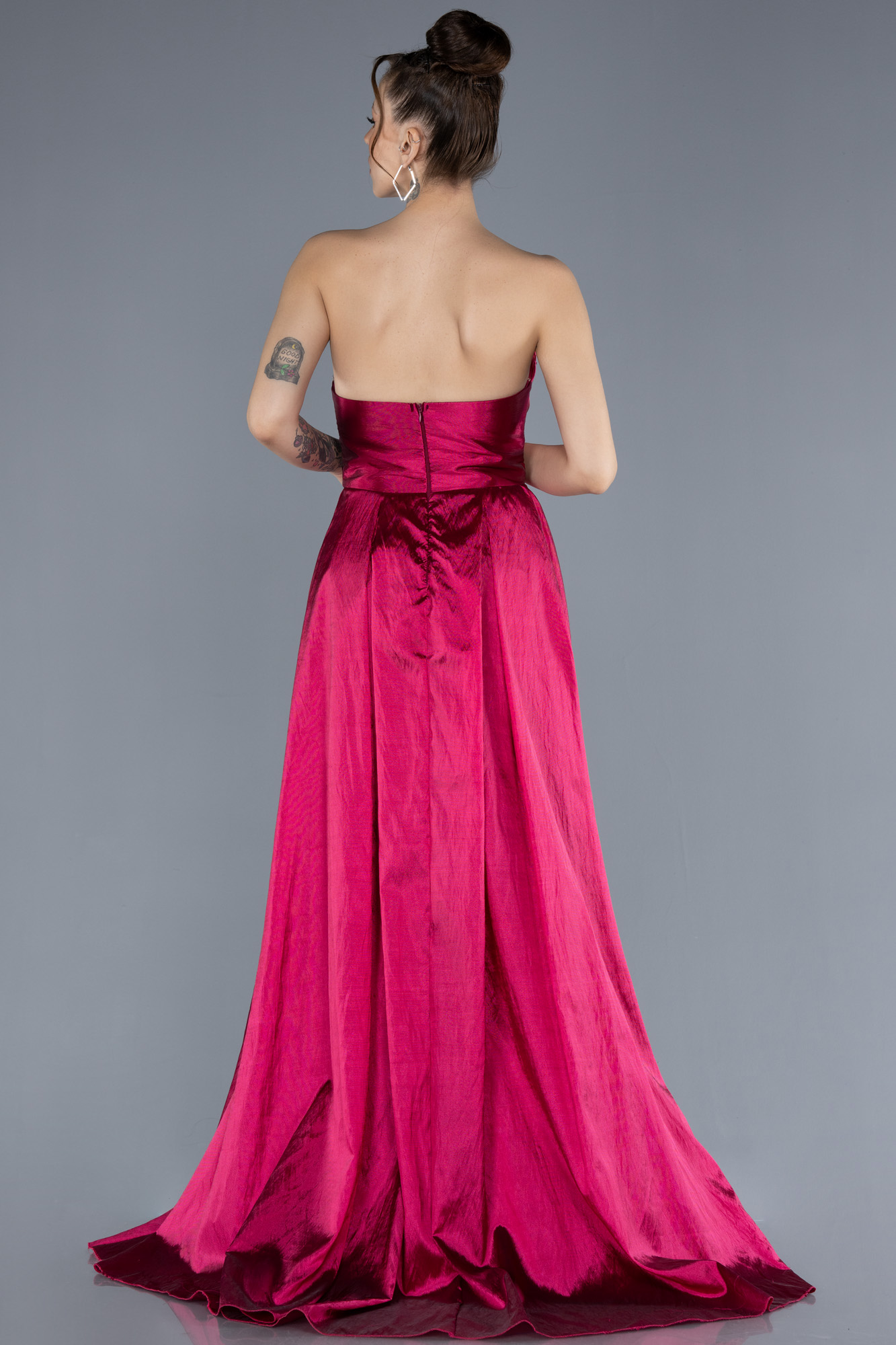 Mürdüm Taşlı Straplez Yaka Uzun Tafta Abiye Elbise ABU4579 - Görsel 2