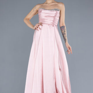 Pudra Taşlı Straplez Yaka Uzun Tafta Abiye Elbise ABU4579