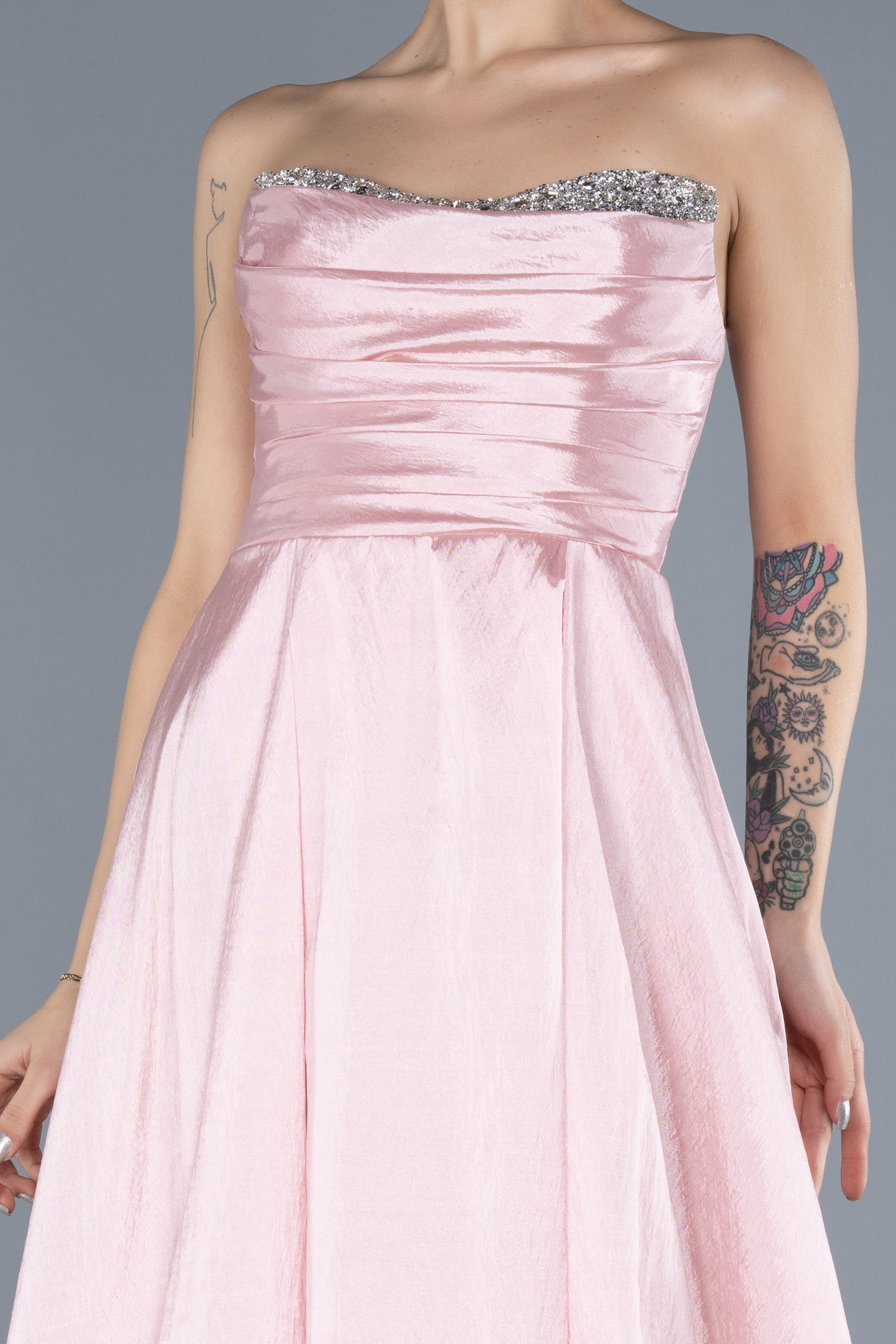 Pudra Taşlı Straplez Yaka Uzun Tafta Abiye Elbise ABU4579 - Görsel 3