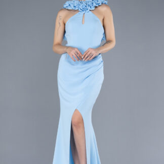 Buz Mavisi Güllü Halter Yaka Bacak Dekolteli Uzun Abiye ABU4610