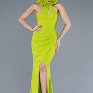 Fıstık Yeşili Güllü Halter Yaka Yırtmaçlı Uzun Abiye ABU4610