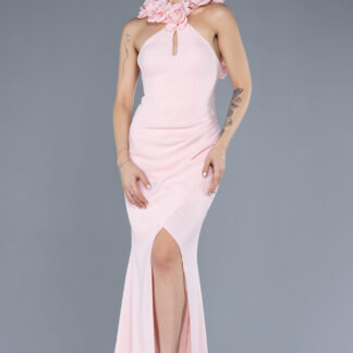 Pudra Güllü Halter Yaka Bacak Dekolteli Uzun Abiye ABU4610