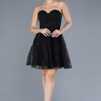 Siyah Straplez Kısa Simli Gece Elbisesi ABK2235