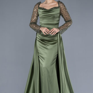 Haki Pullu Uzun Kol Kuyruklu Saten Balık Abiye ABU4332