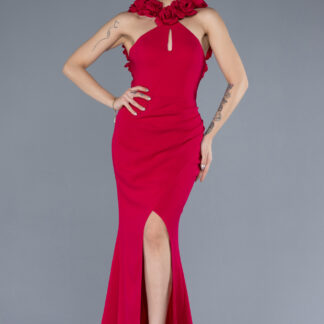 Fuşya Güllü Halter Yaka Bacak Dekolteli Uzun Abiye ABU4610