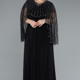 Siyah Kolsuz Üstü Taşlı Pelerin İki Parça Büyük Beden Abiye ABU4632