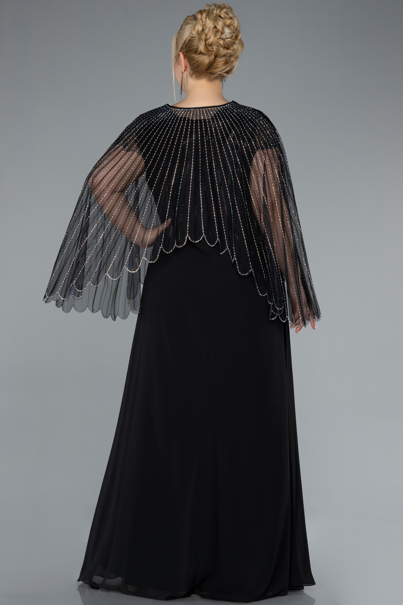 Siyah Kolsuz Üstü Taşlı Pelerin İki Parça Büyük Beden Abiye ABU4632 - Görsel 2