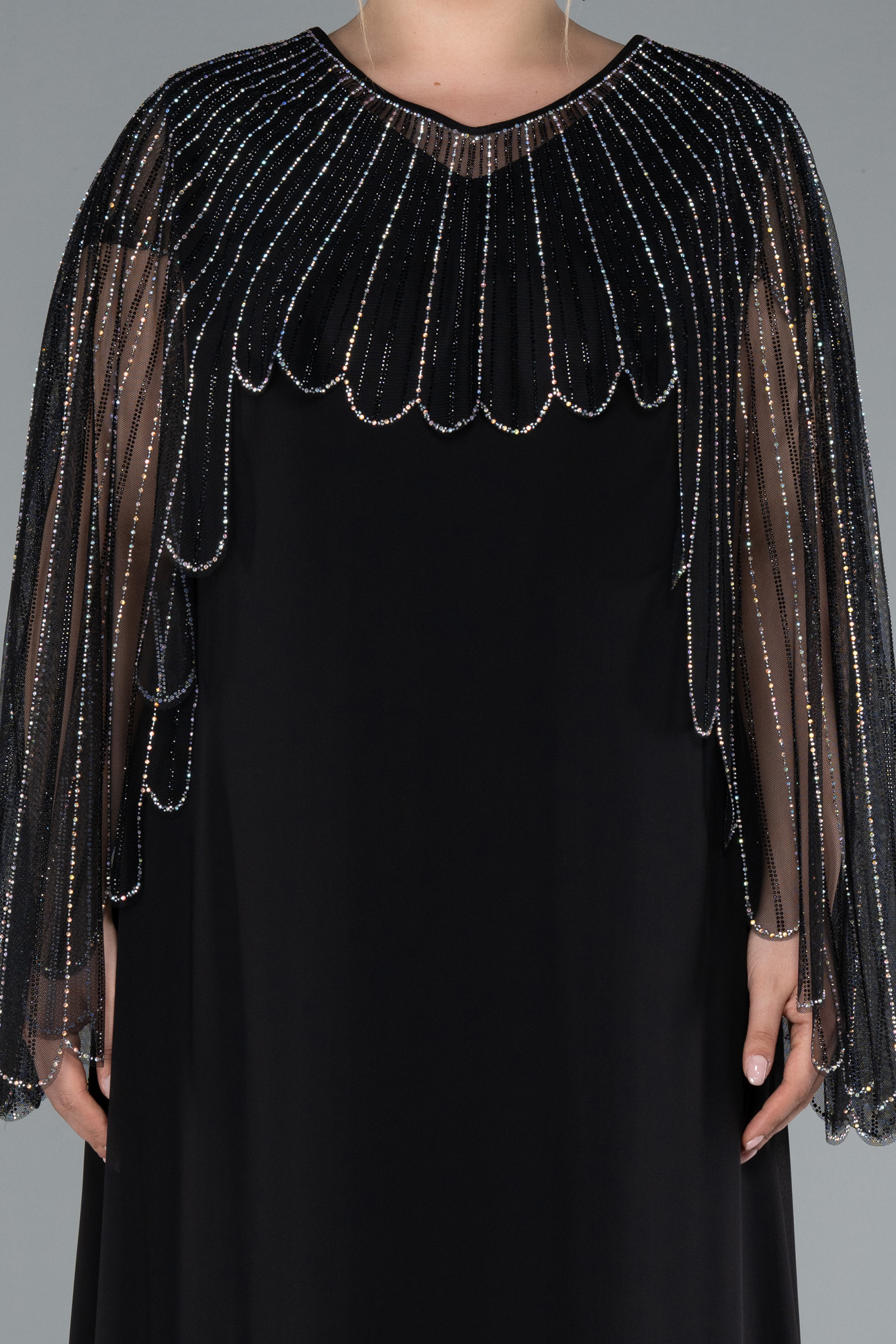 Siyah Kolsuz Üstü Taşlı Pelerin İki Parça Büyük Beden Abiye ABU4632 - Görsel 3