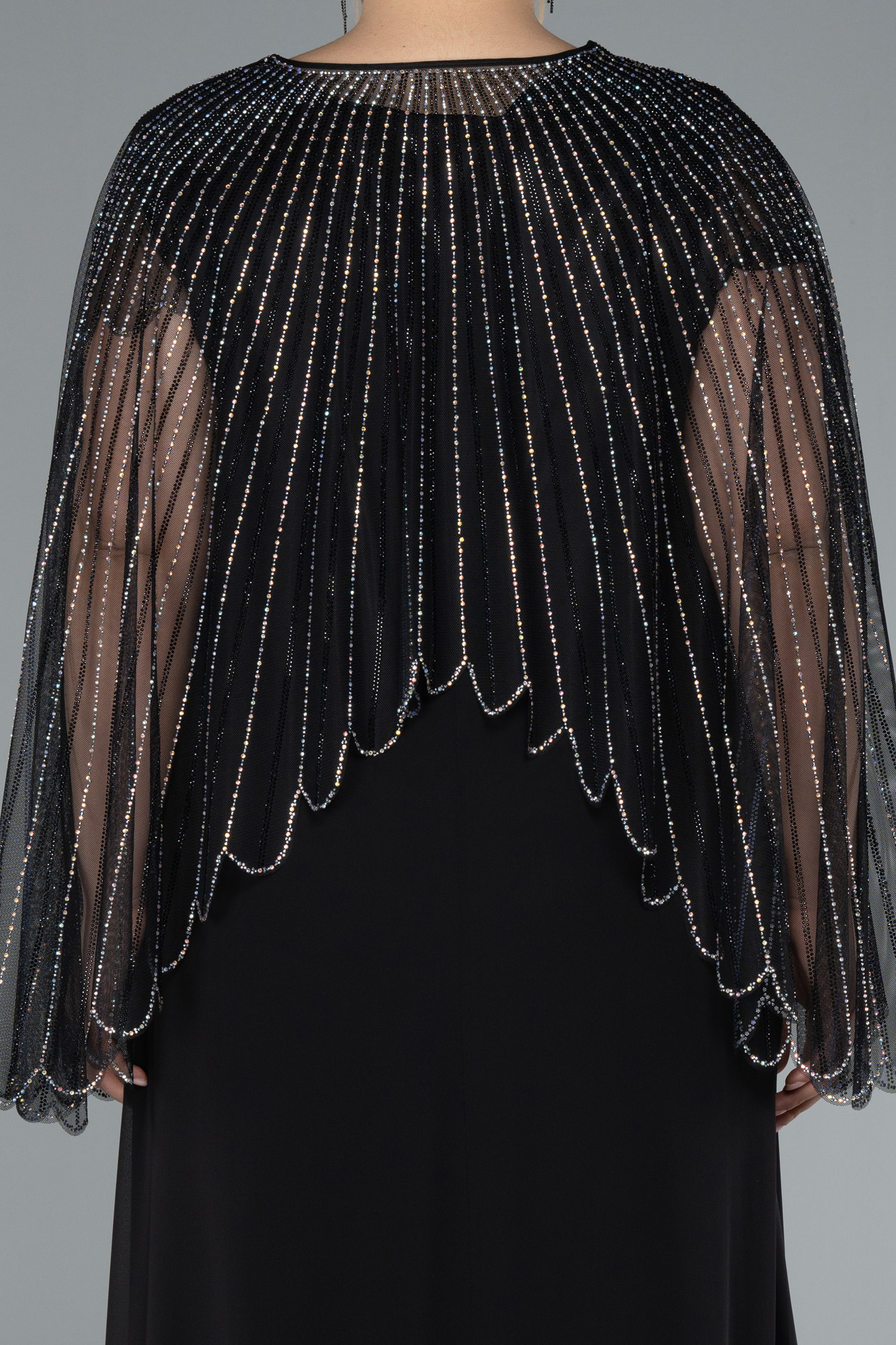 Siyah Kolsuz Üstü Taşlı Pelerin İki Parça Büyük Beden Abiye ABU4632 - Görsel 4