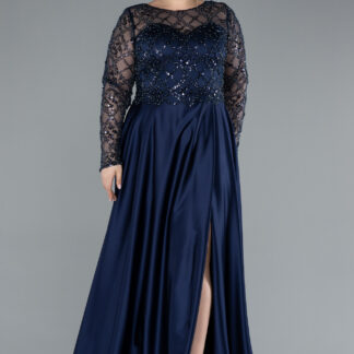 Lacivert Boncuklu Uzun Kol Yırtmaçlı Saten Büyük Beden Abiye ABU4639