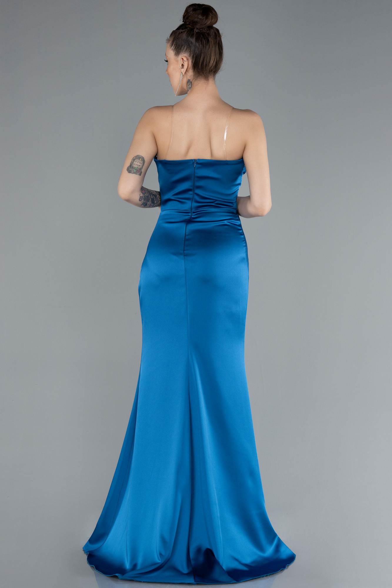 Petrol Mavisi Straplez Bacak Dekolteli Uzun Saten Abiye ABU4663 - Görsel 2