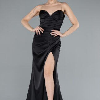 Siyah Straplez Bacak Dekolteli Uzun Saten Abiye ABU4663