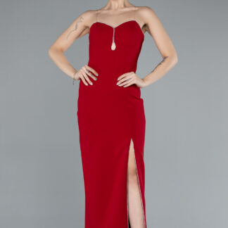 Kırmızı Straplez Yırtmaçlı Midi Davet Elbisesi ABK2254