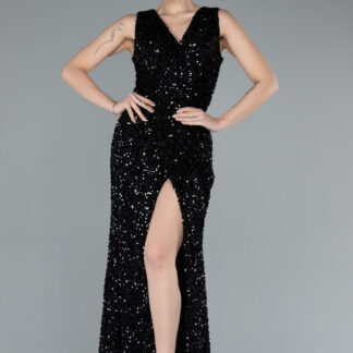 Siyah Bacak Dekolteli Kolsuz Uzun Pul Payet Abiye ABU4672