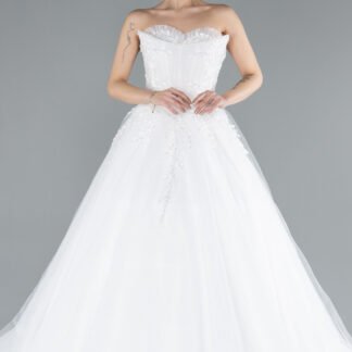 Ekru Straplez Güpür İşlemeli Uzun Büyük Beden Gelinlik ABG122