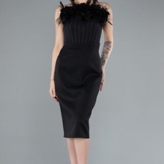 Siyah Çiçekli Straplez Yaka Balenli Midi Davet Elbisesi ABK2267