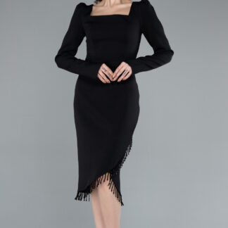 Siyah Uzun Kol Kare Yaka Midi Davet Elbisesi ABK2272