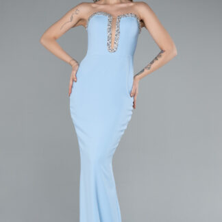 Buz Mavisi Taşlı Straplez Yaka Uzun Balık Abiye Elbise ABU4687
